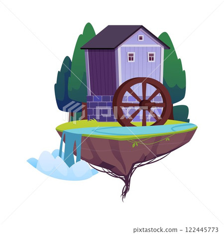 Water mill on the floating game land island vector icon, vintage house with wheel to grind flour using river hydropower 122445773