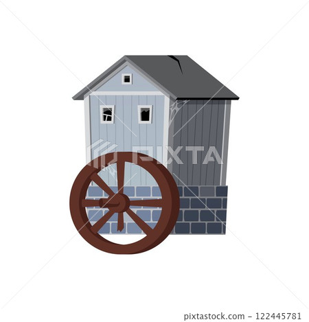 Vector illustration of old cracked water mill with broken windows and cobwebs. 122445781