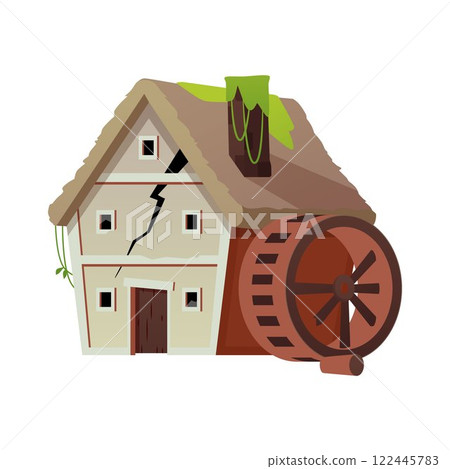 Vector illustration of an abandoned water mill on an isolated background. 122445783