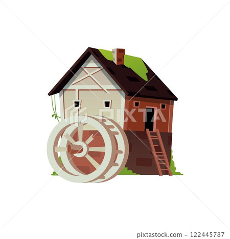 Vector of an abandoned watermill with a broken wheel, a ladder and a building overgrown with grass. 122445787