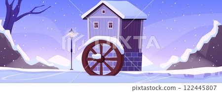 Vector illustration of winter background with old water mill in flat style. 122445807