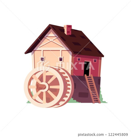 Vector illustration of medieval water mill on isolated background. Vector illustration of medieval water mill on isolated background. 122445809