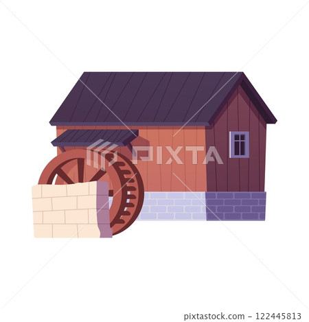 Water mill flat vector icon, vintage stone and wooden house with wheel to grind flour using hydropower of river stream 122445813