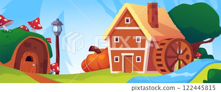 Cartoon water mill and hut with fly agaric mushroom from fairy village, vector fairy tale house and countryside building 122445815