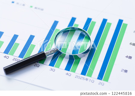 Company performance graph and magnifying glass Company performance graph and magnifying glass 122445816