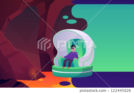 Vector image of a teenager in a virtual reality ride on a moving chair. 122445826
