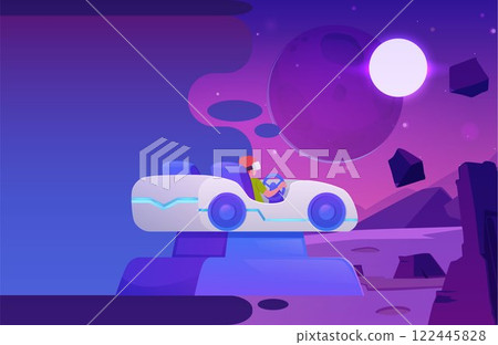Vector illustration of character traveling by car in virtual galaxy. 122445828