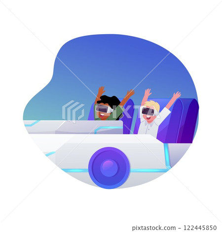 Vector of happy kids in VR glasses, with hands up and riding in digital amusement park. 122445850