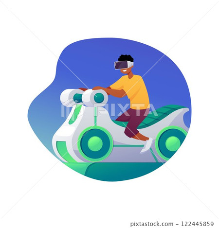 Kid in VR glasses sitting on motorbike moving seat playing in Virtual reality videogames attraction, vector simulation Kid in VR glasses sitting on motorbike moving seat playing in Virtual reality videogames attraction, vector simulation 122445859