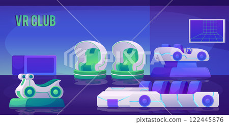 Vector illustration of virtual reality club with cars, chairs, and motorcycles. 122445876