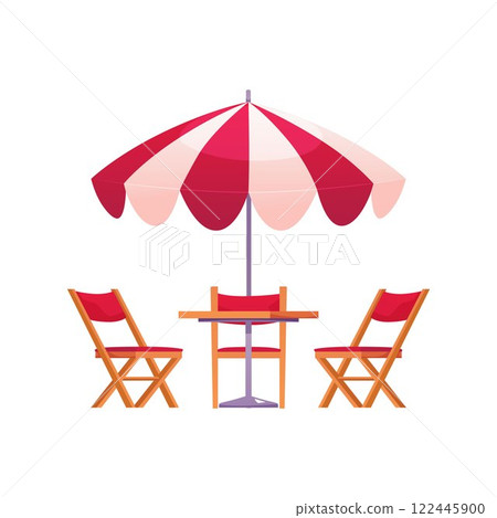 Street Cafe lounge furniture, vector flat umbrella, chairs and table restaurant patio, outside furnishing for relaxation 122445900
