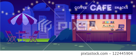 Vector illustration of night street cafe in city park. 122445904