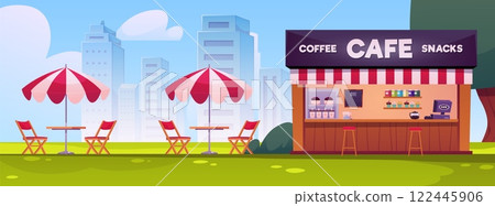 Street Cafe Coffee and snacks shop in park, vector cafe with umbrella, table chairs, fast food restaurant small building 122445906