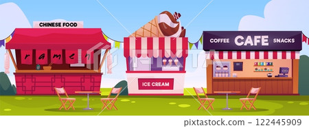 Street Cafes on park lawn, vector flat Chinese food and Ramen, Coffee and snacks, ice cream shops, fast food restaurant 122445909