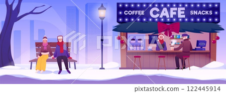 Street Cafe with Christmas decoration and people, vector Coffee and snacks shop, lantern and bench on winter cityscape 122445914