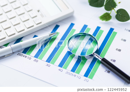 Company performance graph, calculator and magnifying glass 122445952