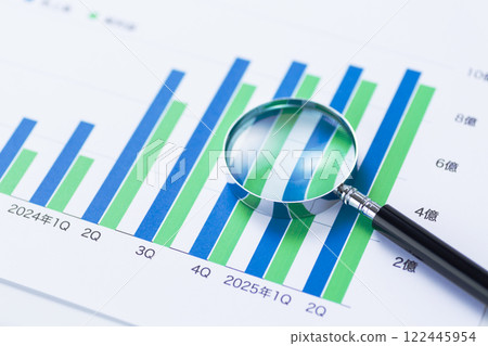 Company performance graph and magnifying glass Company performance graph and magnifying glass 122445954