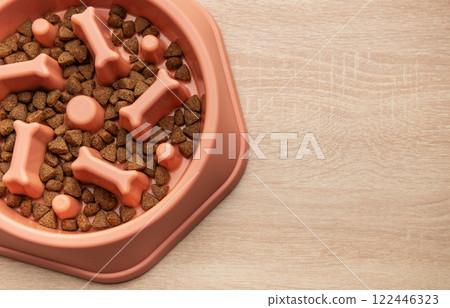 Dry dog food in slow feeder bowl on wooden surface 122446323