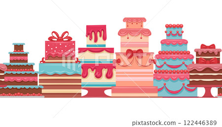 Vector seamless border with birthday cakes isolated from background. Festive horizontal frieze with treats. Frame with Wedding cakes 122446389