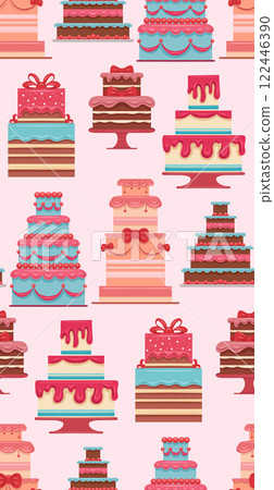 Seamless vector pattern with birthday cakes on pink background. Festive texture with treats. Background with Wedding cakes 122446390