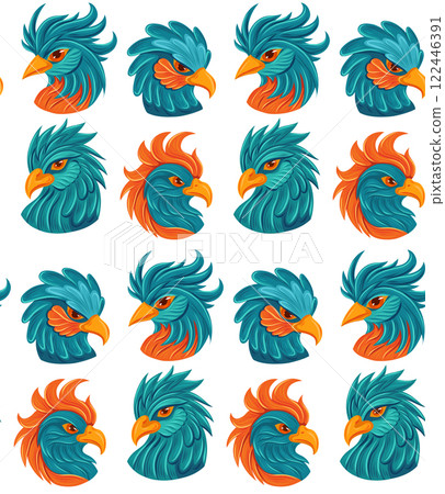 Vector seamless pattern with blue bird on white background. Texture with parrot heads in cartoon fantasy style. Textile with hand drawn macaws 122446391