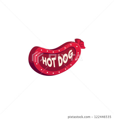 Hot Dog signboard in the shape of sausage vector icon, red lamp sign, light banner, billboard for street fast food cafe Hot Dog signboard in the shape of sausage vector icon, red lamp sign, light banner, billboard for street fast food cafe 122446535