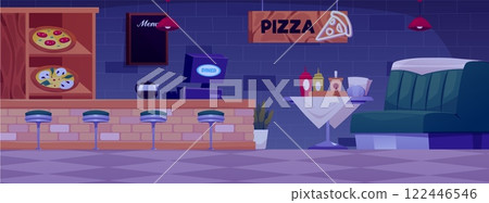 Diner cafe interior with Pizza signboard in the dark, vector sofa with table, menu board, bar counter, pizzas showcase 122446546