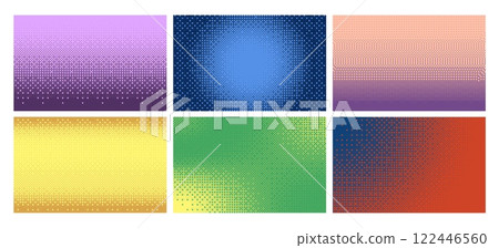 Colorful bitmap texture, abstract pattern halftone background vector set, glitch screen with flicker pixels effect 8 bit 122446560