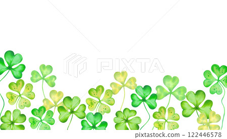 Horizontal frame of shamrock, four leaf clover for St. Patrick's Day. Watercolor, marker illustration. Hand drawn isolated art. Clover lucky charm. Botanical background with text space, copy space. 122446578