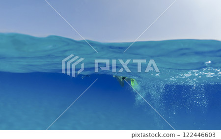 A tourist in flippers swims in the ocean looking over the sandy bottom under water. A tourist in flippers swims in the ocean looking over the sandy bottom under water. 122446603