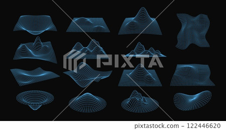 Illustration of a set of wireframe glowing and distorted geometric grids in neon blue. 122446620