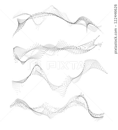 Wave of many lines flowing particles, abstract dotted wavy black stripes, curvy dynamic stream energy pulsing vector set 122446626