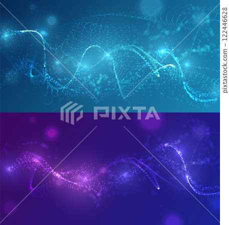 Waves of many lines flowing particles and sparkles, abstract dynamic dotted wavy stripes blue gradient vector background 122446628