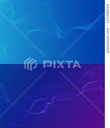 Wave of many lines flowing particles, abstract dotted wavy stripes blue gradient vector background, curvy dynamic stream 122446629