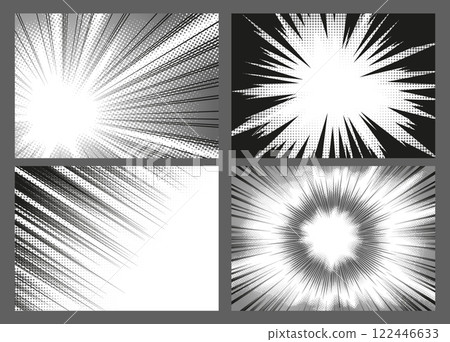 Set of illustrations featuring monochrome manga effect with radial and diagonal motion lines. 122446633