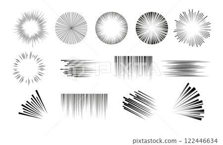 Black speed lines for comic book vector set, Manga or anime pattern, superhero action, zoom and motion striped effects 122446634