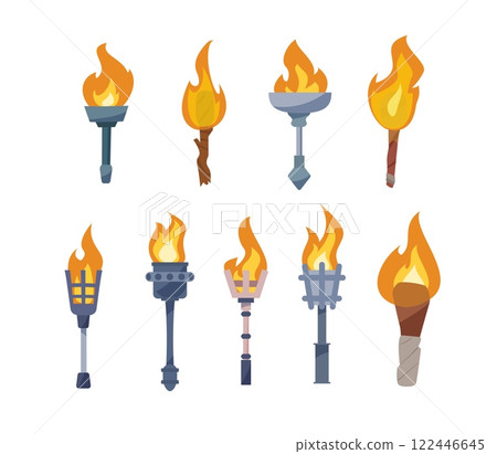 A vector set of torches with flames for the dungeon, creating a bright atmosphere 122446645