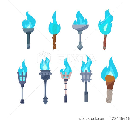 A set of vector torches with blue flames and magical sparks on a white background 122446646