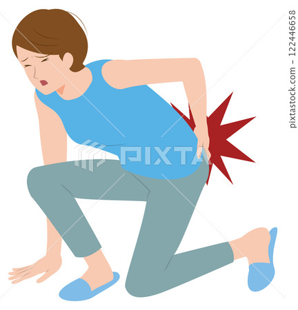當我試著站起來時，我感到一陣劇烈的疼痛。一位老年婦女因突然背痛而背部疼痛的插圖 122446658