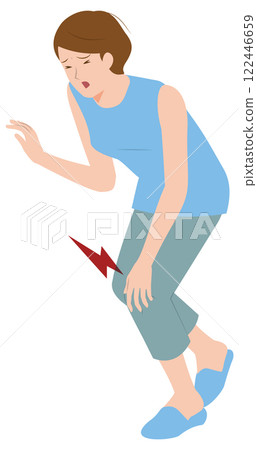 膝蓋疼痛。一位老年婦女抱著她的膝蓋的插圖。 122446659