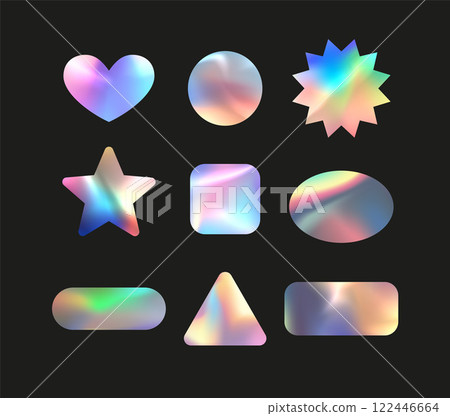 Holographic stickers vector set, holographic metal foil tags, badges, labels of various shapes, stamps rainbow effect 122446664