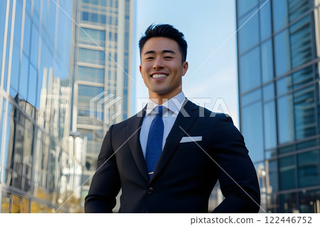 摩天大樓前一位微笑商人的畫像 122446752