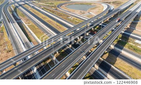 Drone shot aerial view of high angle view of intersection across the bridge against the countryside highway 122446908
