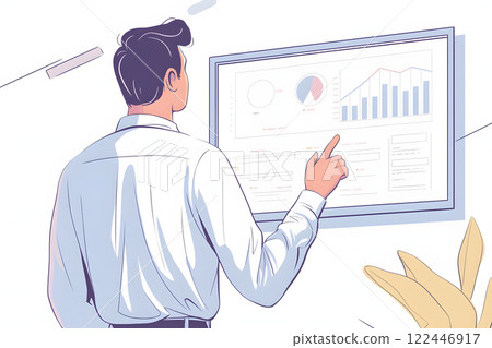 Rear view of a man giving a presentation on a board 122446917