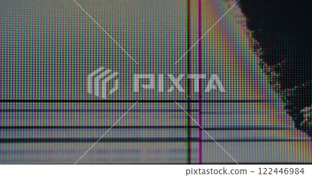 VHS noise. Digital glitch. Shattered glass TV screen crack with color shimmering pixel. Wavy matrix defect expansion black stains. 122446984