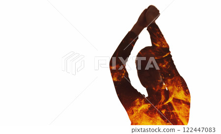 Energetic silhouette. Positive vibe. Double exposure outline of inspired woman enjoying dancing burning in glitter flame sparks isolated on white empty space background. Energetic silhouette. Positive vibe. Double exposure outline of inspired woman enjoying dancing burning in glitter flame sparks isolated on white empty space background. 122447083