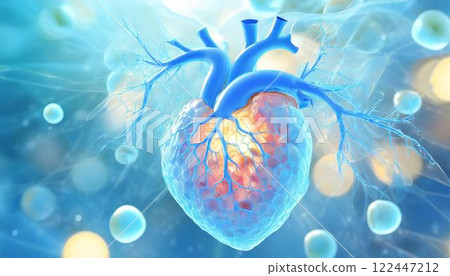 心臟和幹細胞的 3D CG 插圖再生醫學、醫療材料 心臟和幹細胞的 3D CG 插圖再生醫學、醫療材料 122447212
