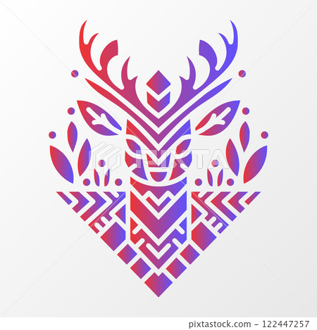 Abstract deer head illustration featuring geometric patterns, red and purple gradient, and decorative nature-inspired elements on a white background. Geometric Deer Illustration with Nature Elements Abstract deer head illustration featuring geometric patterns, red and purple gradient, and decorative nature-inspired elements on a white background. Geometric Deer Illustration with Nature Elements 122447257