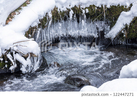 Icicles in a clear stream in the forest, Oku-Daisen Icicles in a clear stream in the forest, Oku-Daisen 122447271