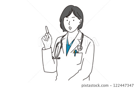 A simple illustration of a female medical worker giving caution 122447347